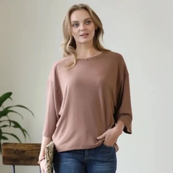 Boxy Drop Shoulder Tee Hi-Low Cocoa Color Small - Picture 1 of 2